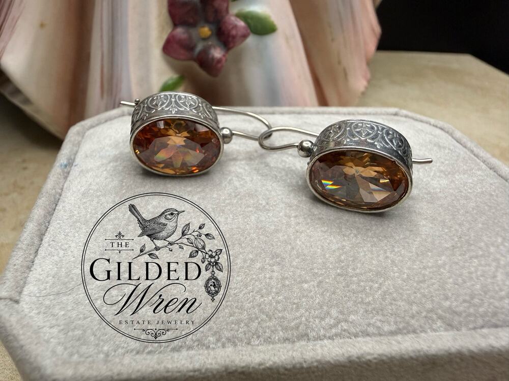 Retired Silpada W1335 Sterling Silver Champagne CZ Oval Dangle Earrings 925